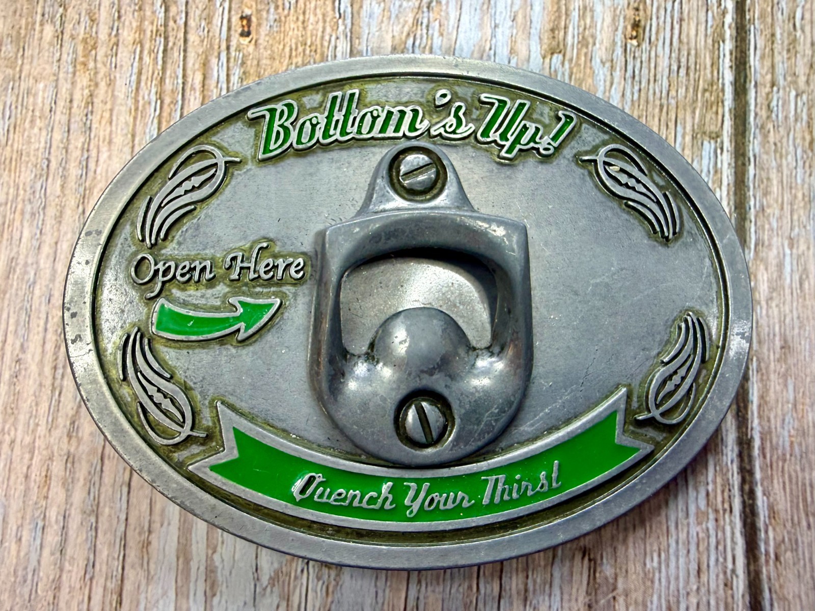 Bottom&rsquo;s Up! Open Here Quench Your Thirst Belt Buckle with Bottle Opener