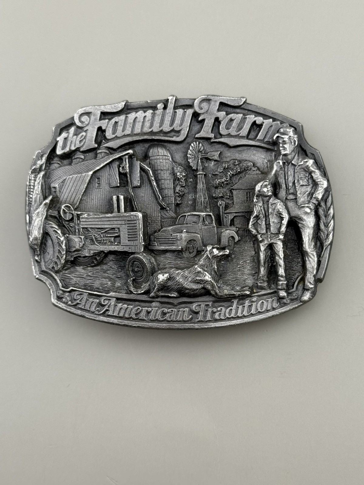 Family Farm Belt Buckle American Tradition Tractor Barn Vintage Pewter C+J 1986