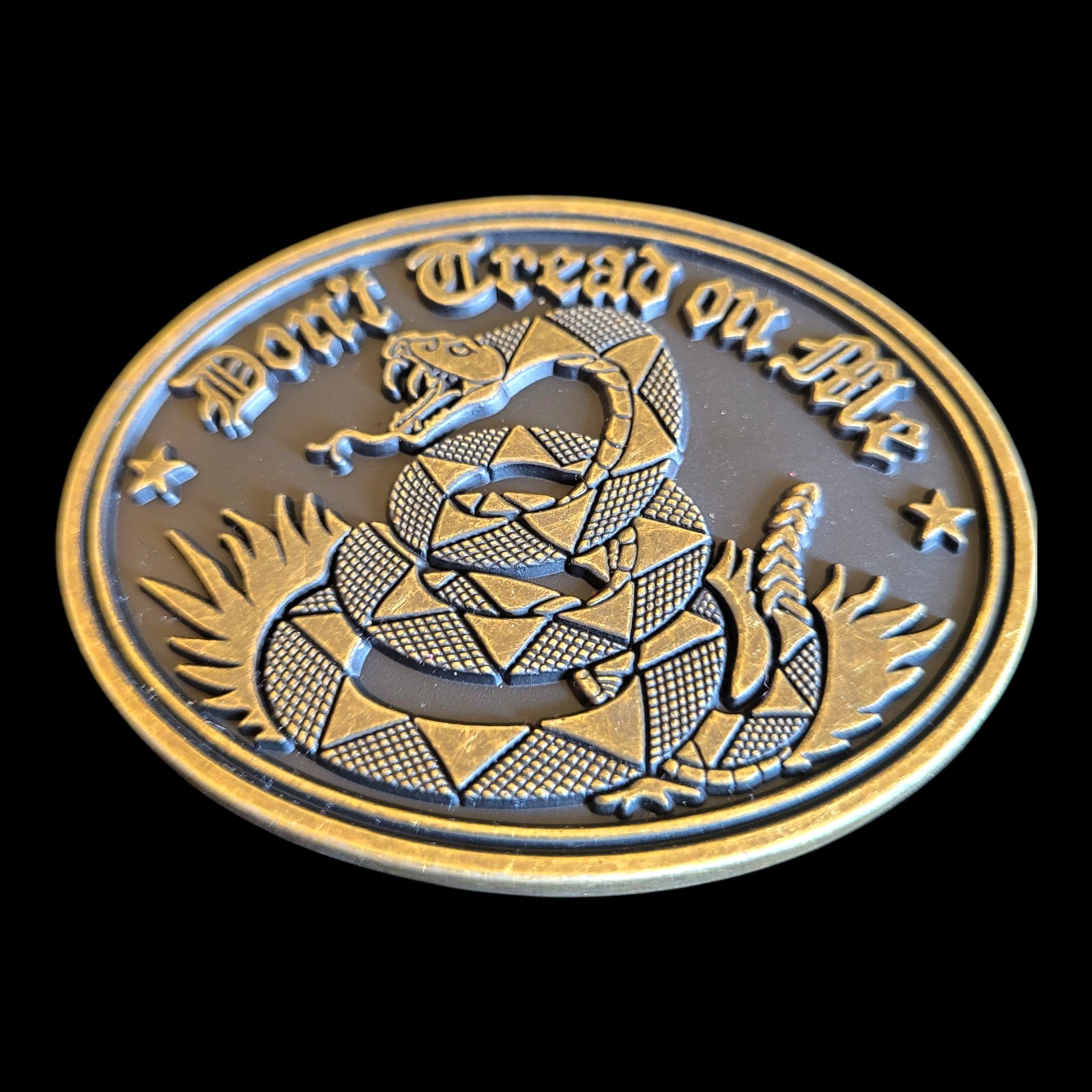 Don&rsquo;t Tread On Me Biker Belt Buckle Gadsden Flag & Snake Antique Bronze Finish