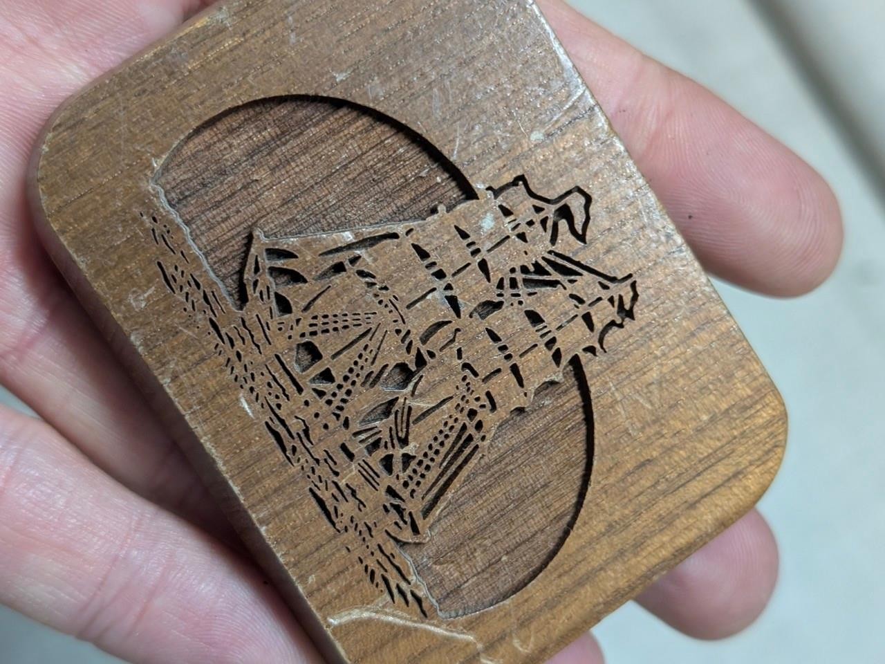 vintage 1970s belt buckle WOODEN engraved SAILBOAT western LASERCRAFT tall ship