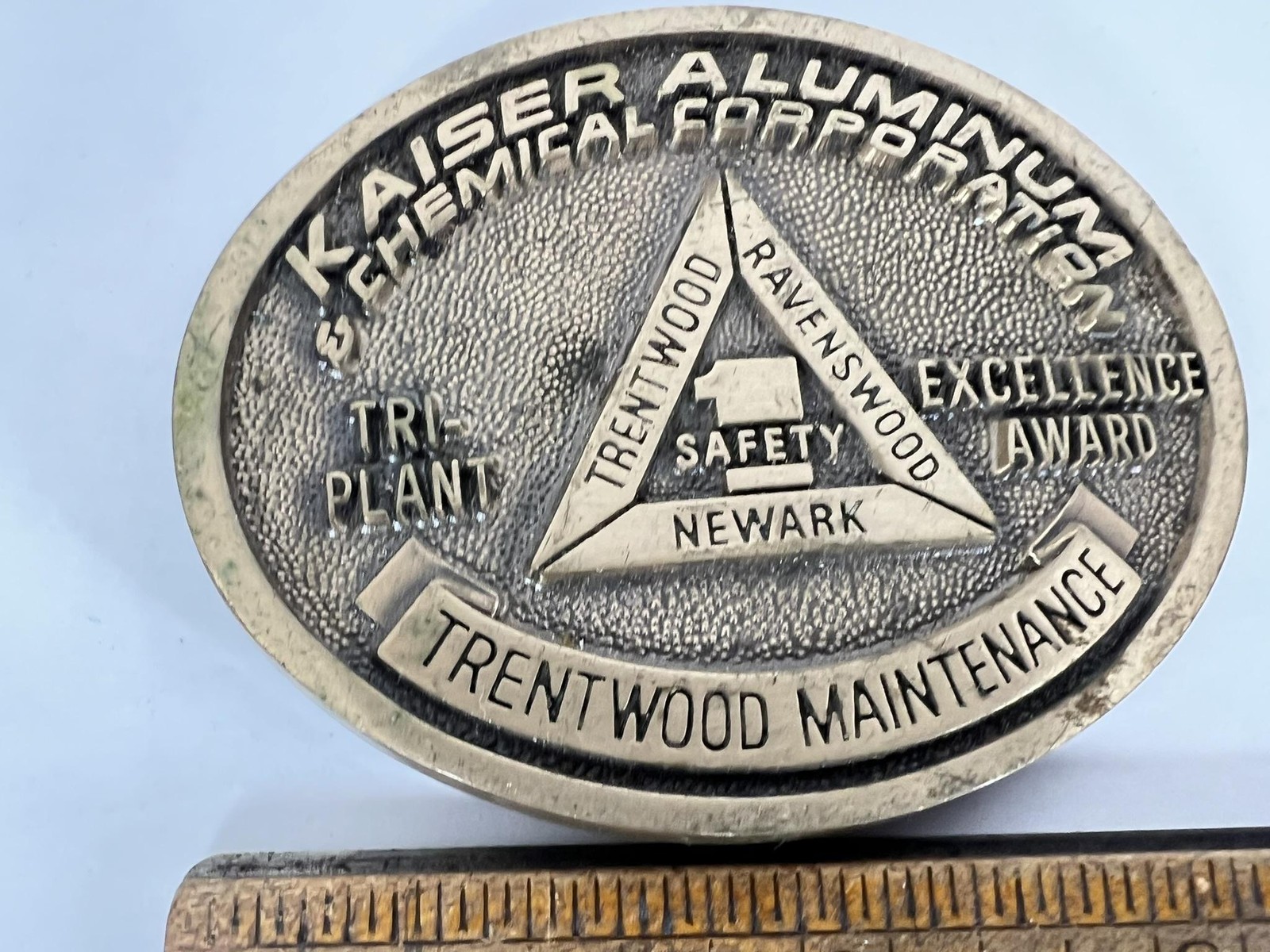 Vintage Kaiser Aluminum Belt Buckle Mens Gold Tri Plant Excellence Logo Safety