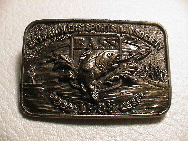 1988 BASS ANGLERS SPORTSMAN SOCIETY FISHING 3D LOOK METAL BRASS BELT BUCKLE!