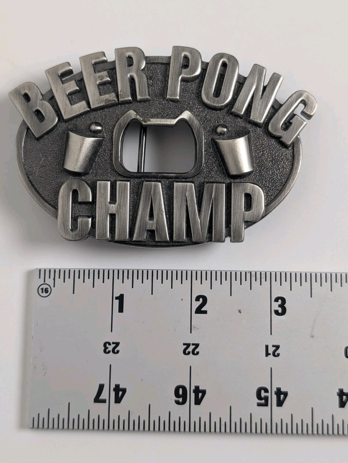 Beer Pong Champ Belt Buckle with Built-in Bottle Opener – Kalan – Pewter Tone
