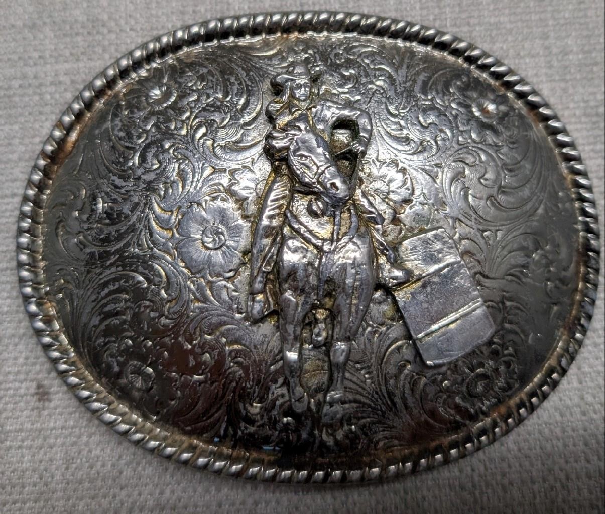 vintage USA made RODEO belt buckle BARREL RACING cowboy cowgirl WESTERN floral