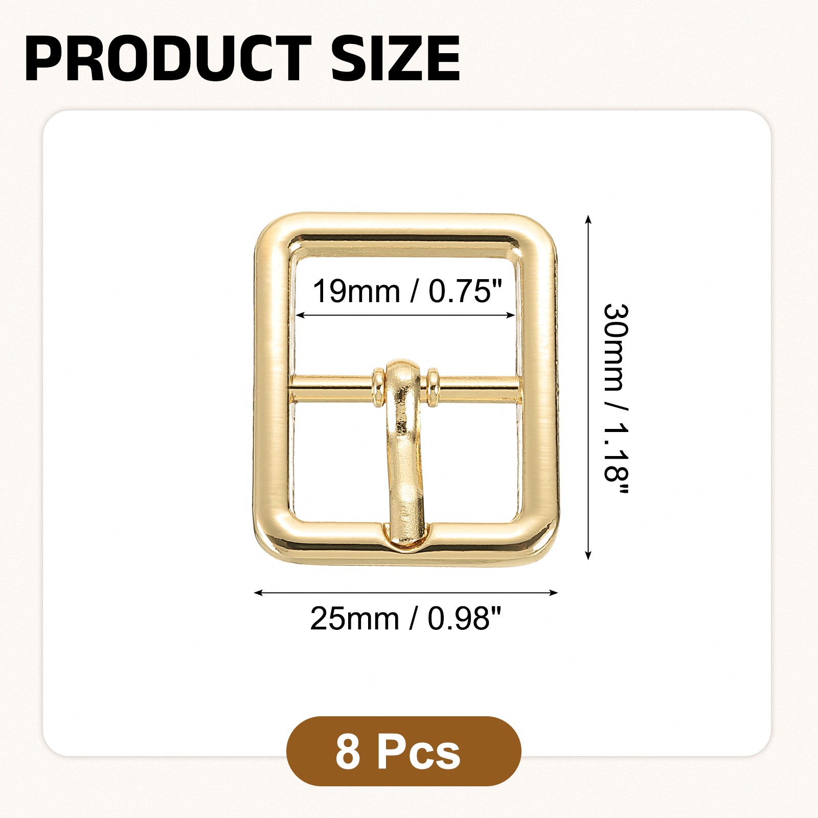 8Pcs 0.75&Prime; Single Prong Belt Buckle Square Center Bar Buckles Light Gold