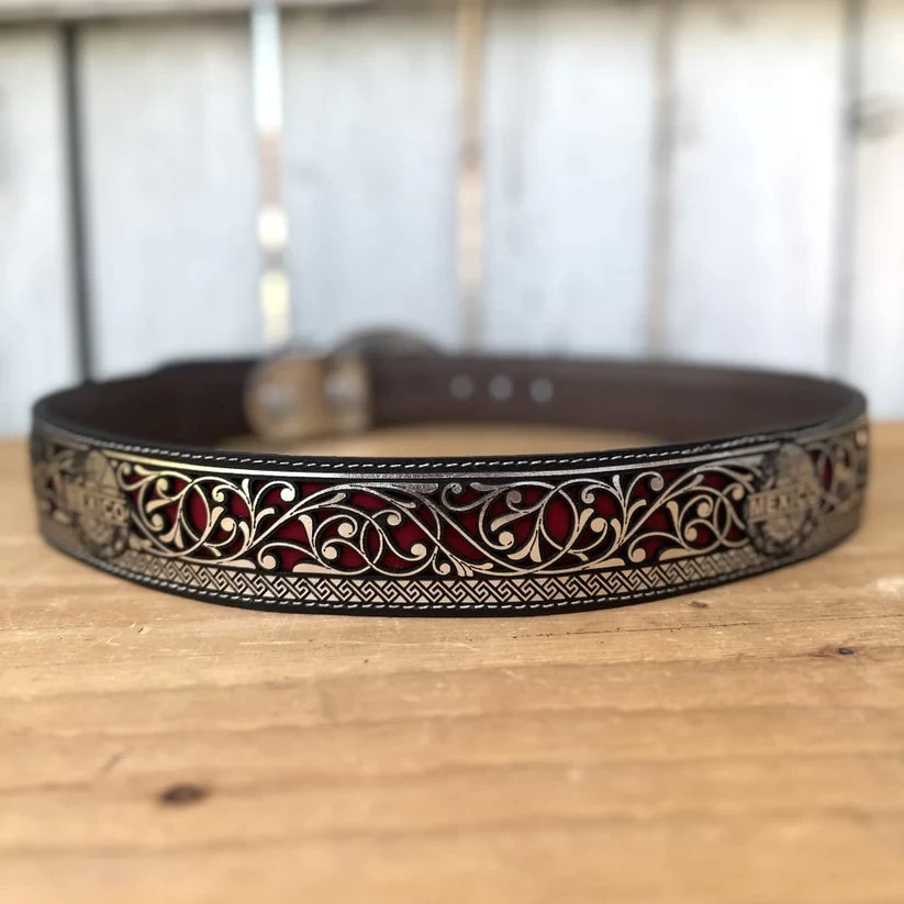Genuine Laser Cut Leather Mexico Western Belt with Removable Buckle – Silver
