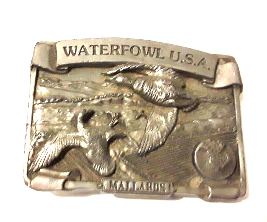 Vintage Pewter belt buckle Mallards Waterfowl USA limited edition