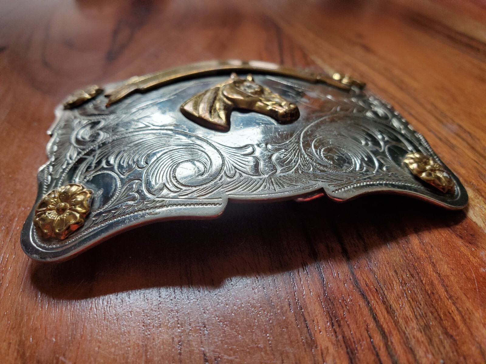 Rockmount Denver CO Silver Nickel Western Horsehead Medallion Belt Buckle