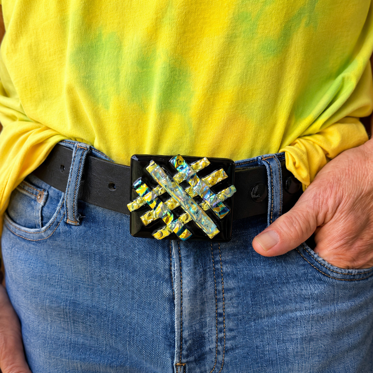 Dichroic Fused Glass Belt Buckle Handmade Black Iridescent 3” x 2.5”