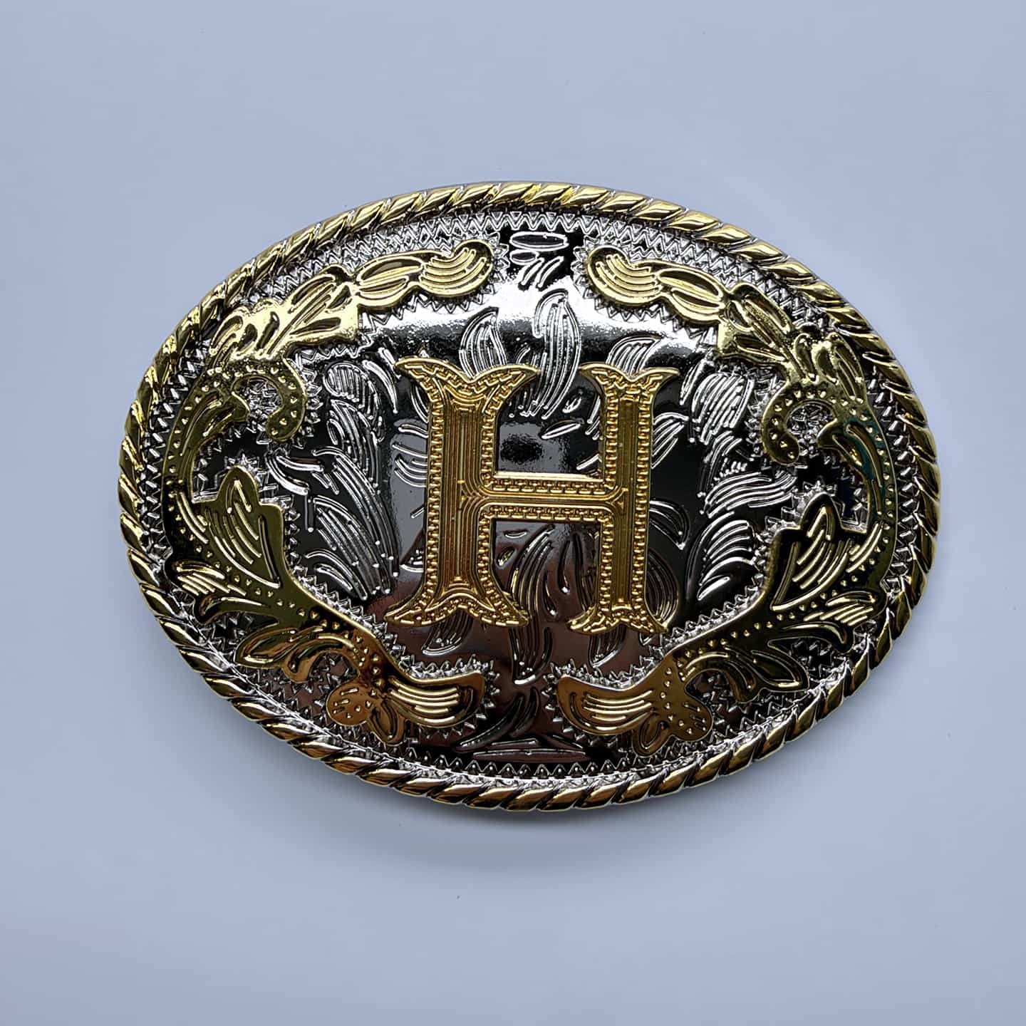 Bright Silver With Gold Initial Letter A-Z Cowboy Cowgirl Oval Belt Buckle