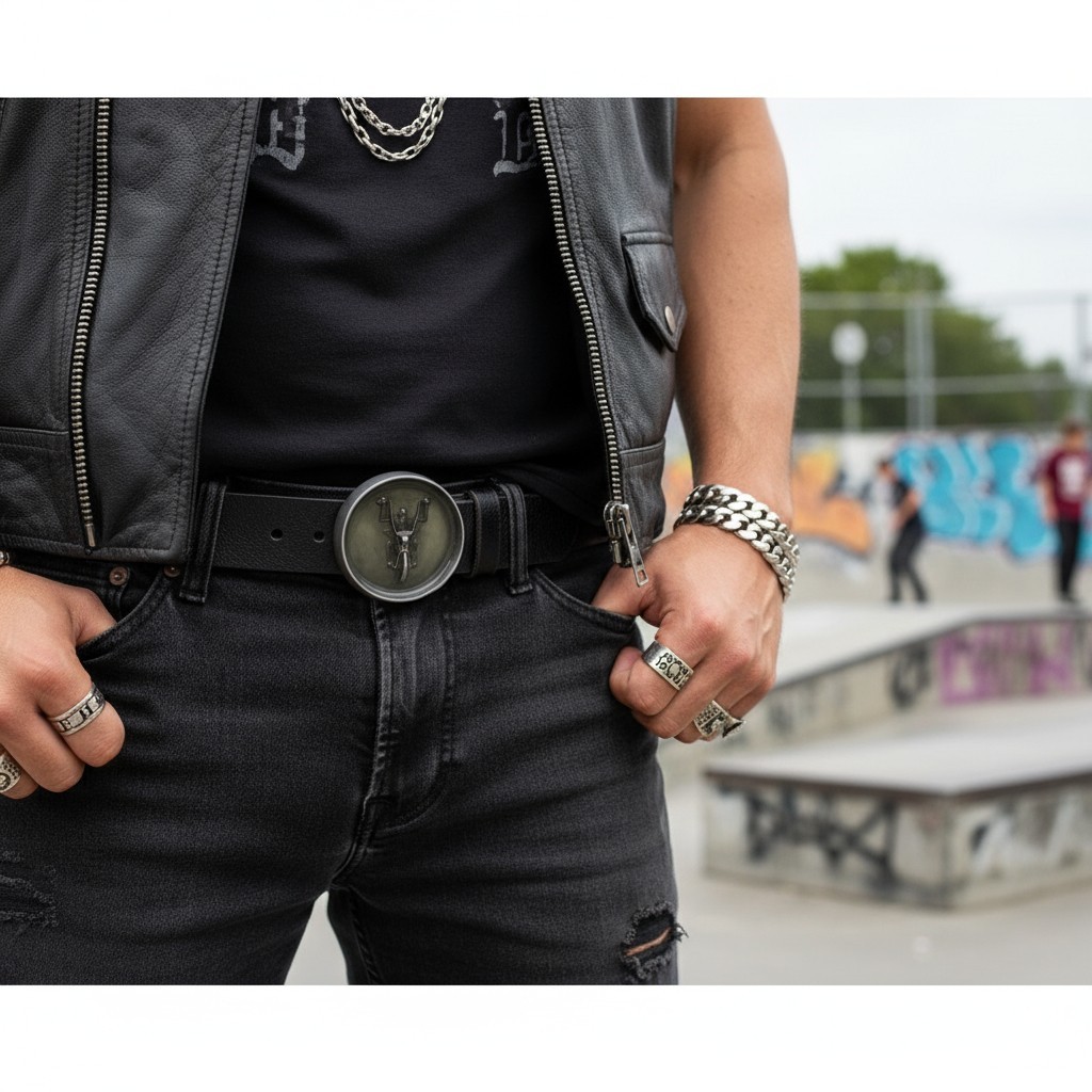 NEW Men Belt Buckle Silver Metal Heavy Grey Skeleton Skull Motorcycle Biker Bone