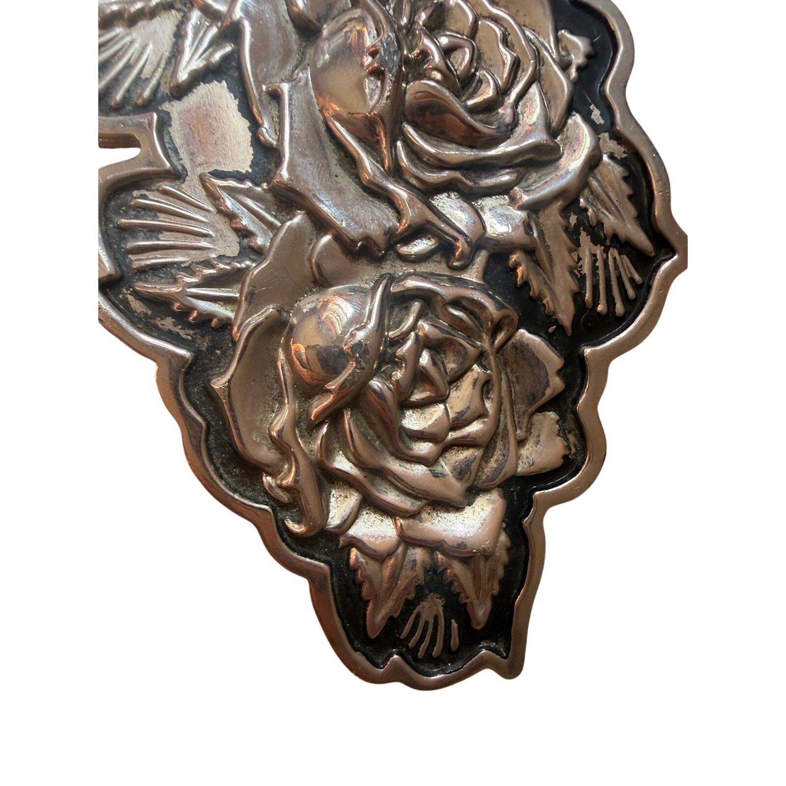 Vintage Famous Stars & Straps Rose Floral Belt Buckle Silver Tone Gothic Emo