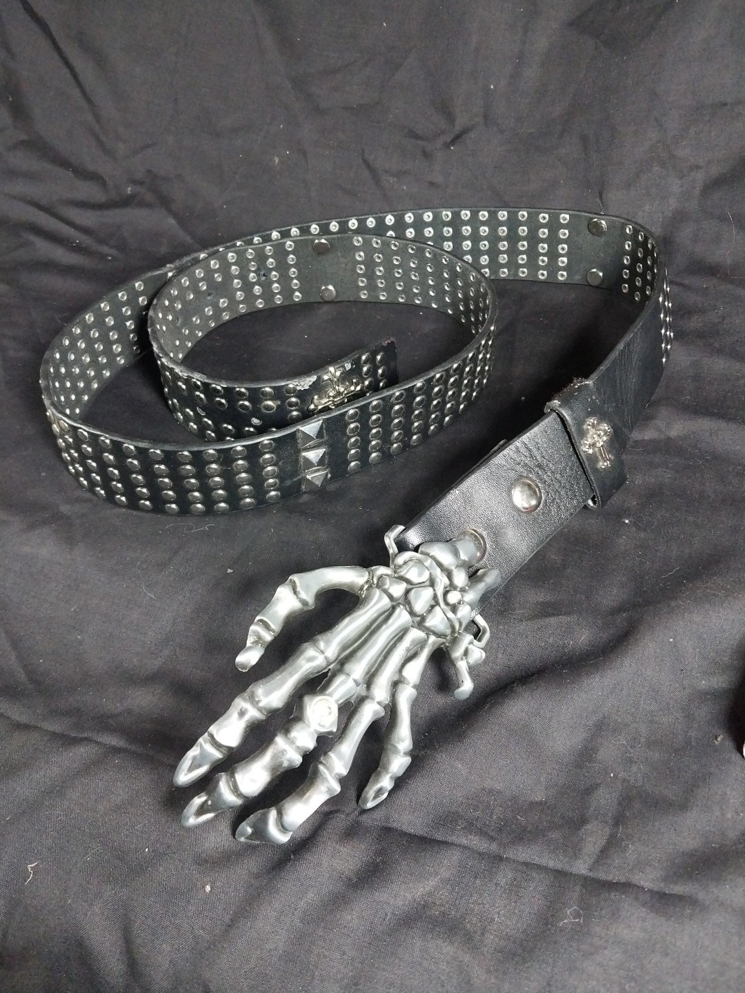 Studded Leather Belt With Skelton Hand Buckle 42&Prime;