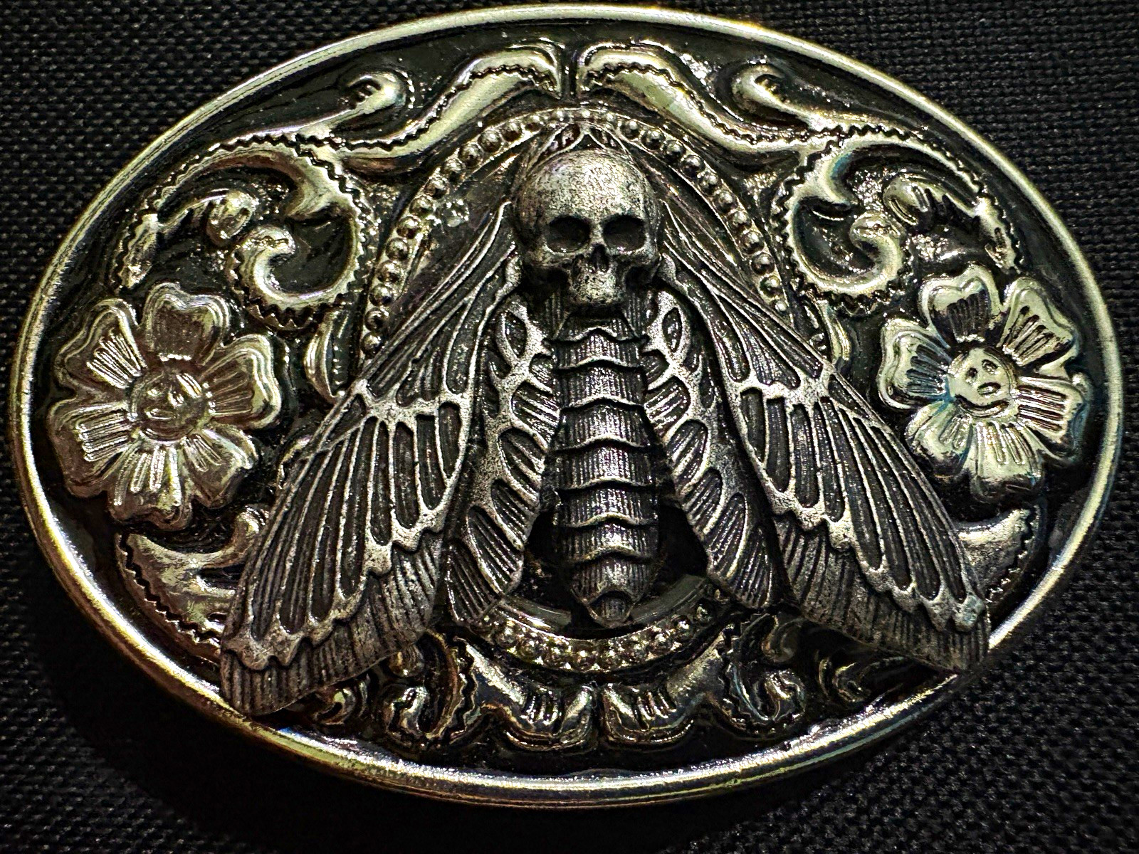 Western Skull Floral Engraved Silver Metal Oval Belt Buckle Fits 1.5in Belt