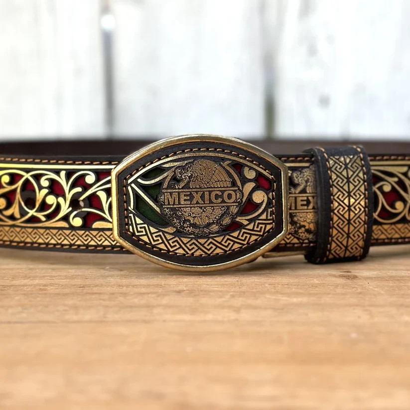 Genuine Laser Cut Leather Mexico Western Belt with Removable Buckle – Gold
