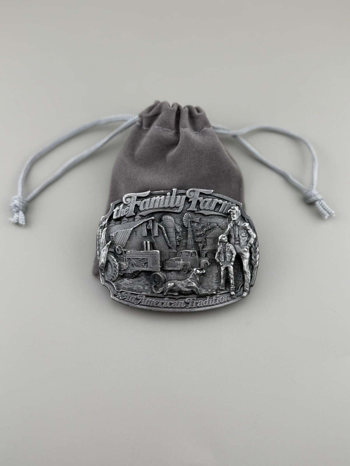 Family Farm Belt Buckle American Tradition Tractor Barn Vintage Pewter C+J 1986