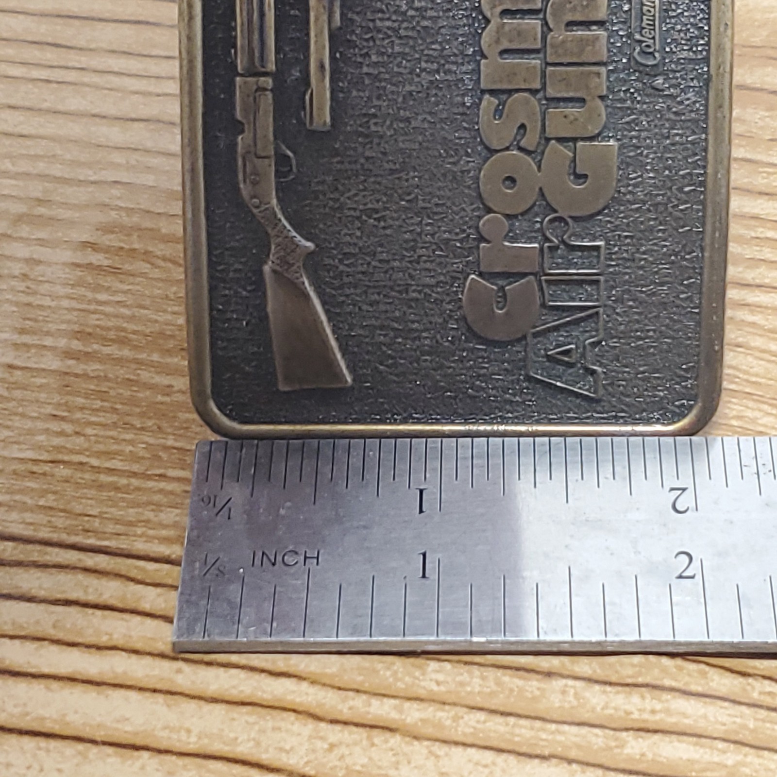 Vtg Crossman Air Guns Brass Belt Buckle Century Canada 2×2.75&Prime; EUC Coleman