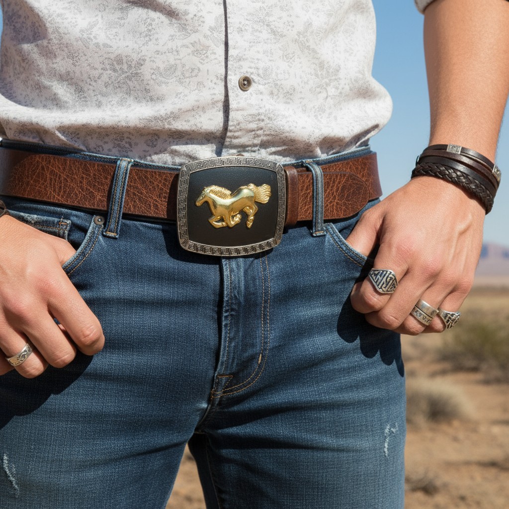 Men Women Western Belt Buckle Silver Metal Square Gold Rodeo Horse Black Fabric