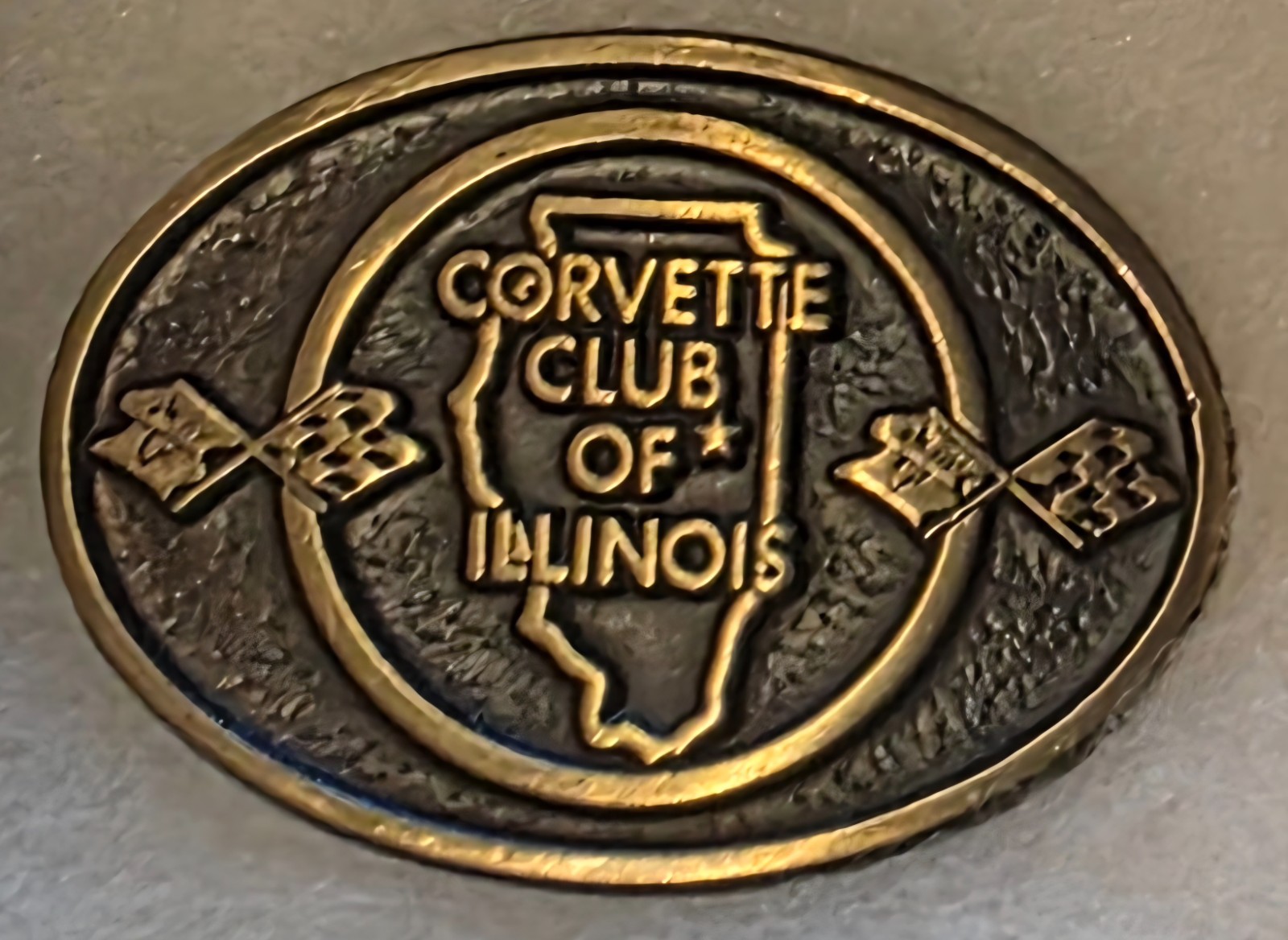 Vintage Metal Belt Buckle, Solid Bronze, Corvette Club of Illinois, Sports Car