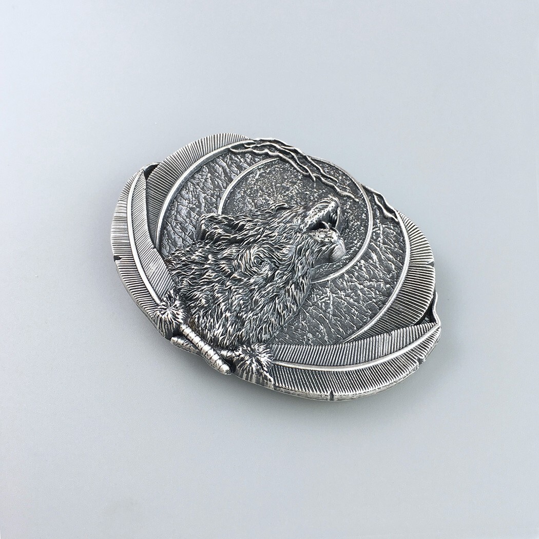 Vintage Silver Plated Western Moon Wolf Oval Belt Buckle Boucle de Ceinture