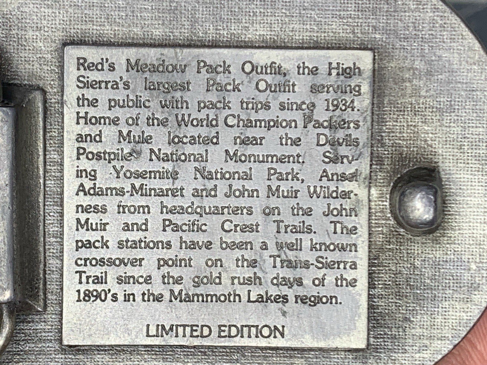 VTG PACIFIC BRASS AND BUCKLE “Red’s Meadow Pack Station” Mammoth Lakes, CA (B3)