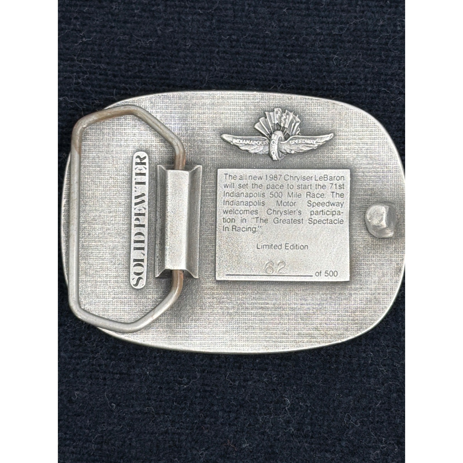 1987 Chrysler LeBaron Indy 500 Official Pace Car Pewter Belt Buckle 62/500
