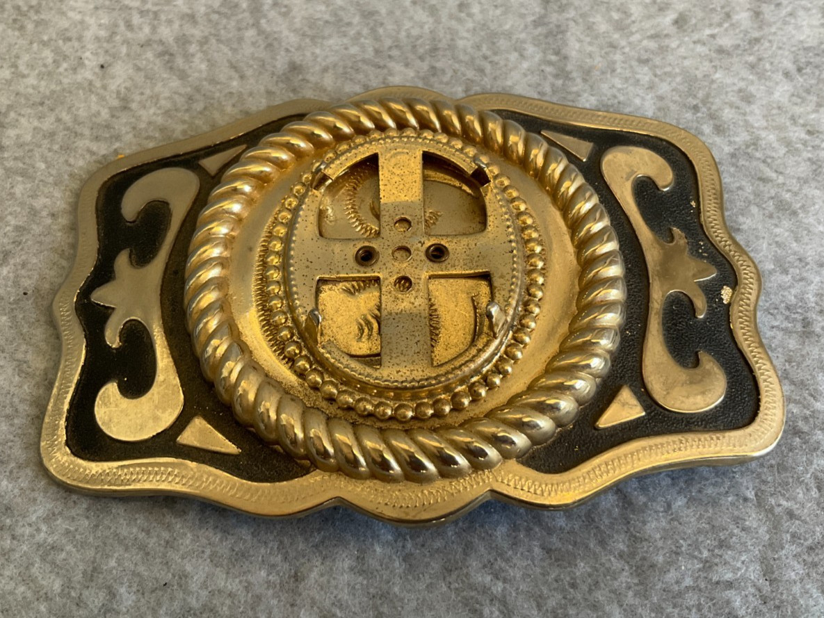 Western Belt Buckle Brass & Black Enamel 1.5&Prime; Strap Fit Cowboy Rodeo Style