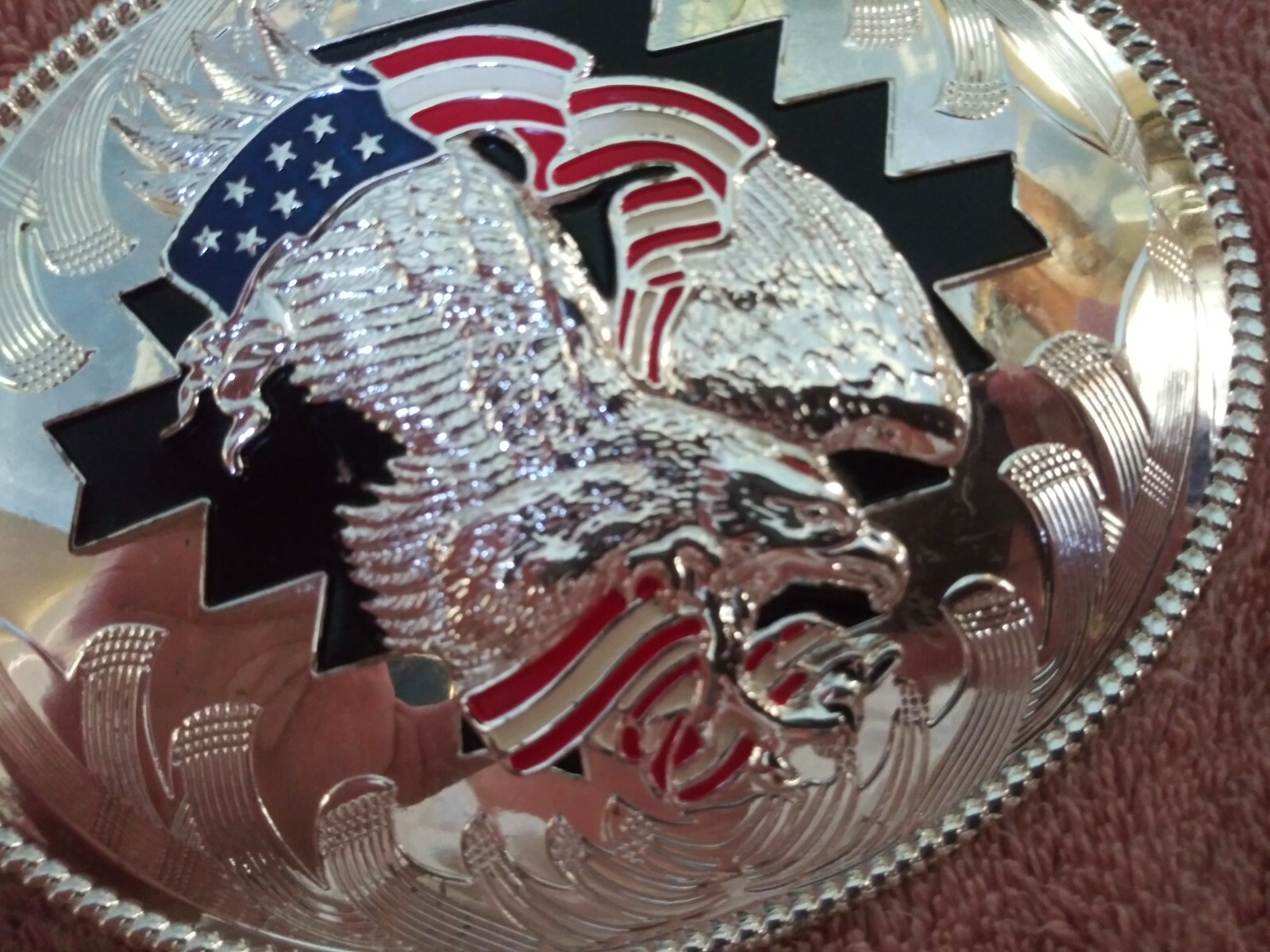 NWOT LARGE SILVER MIRROR STAR RED WHITE BLUE 3D EAGLE BELT BUCKLE 1 1/2&Prime; $65