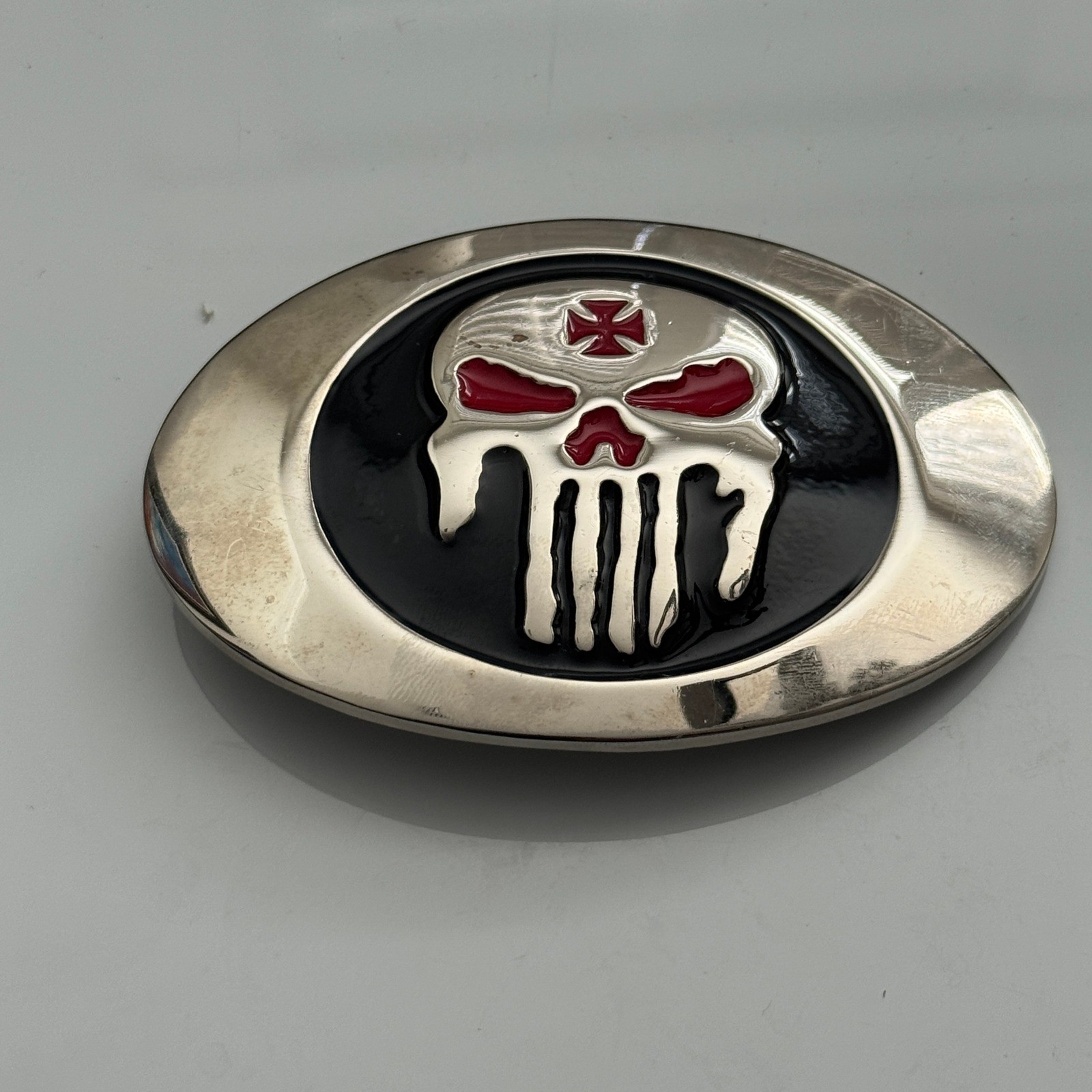 Punisher Skull Belt Buckle Metal Red Black Silver Tone Oval