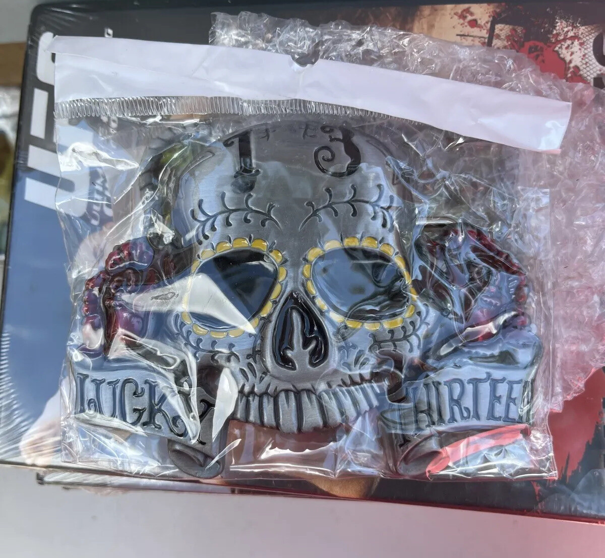 Lucky 13 Lg Skeleton Reproduction Skull Head Lg Eyes Belt Buckle 3 3/8&Prime; X 4 1/2&Prime;