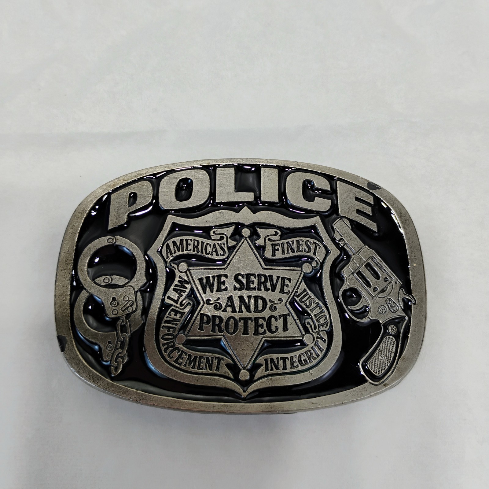 Police Belt Buckle We Serve & Protect Black Enamel Buckle Bakery 1988 Vintage