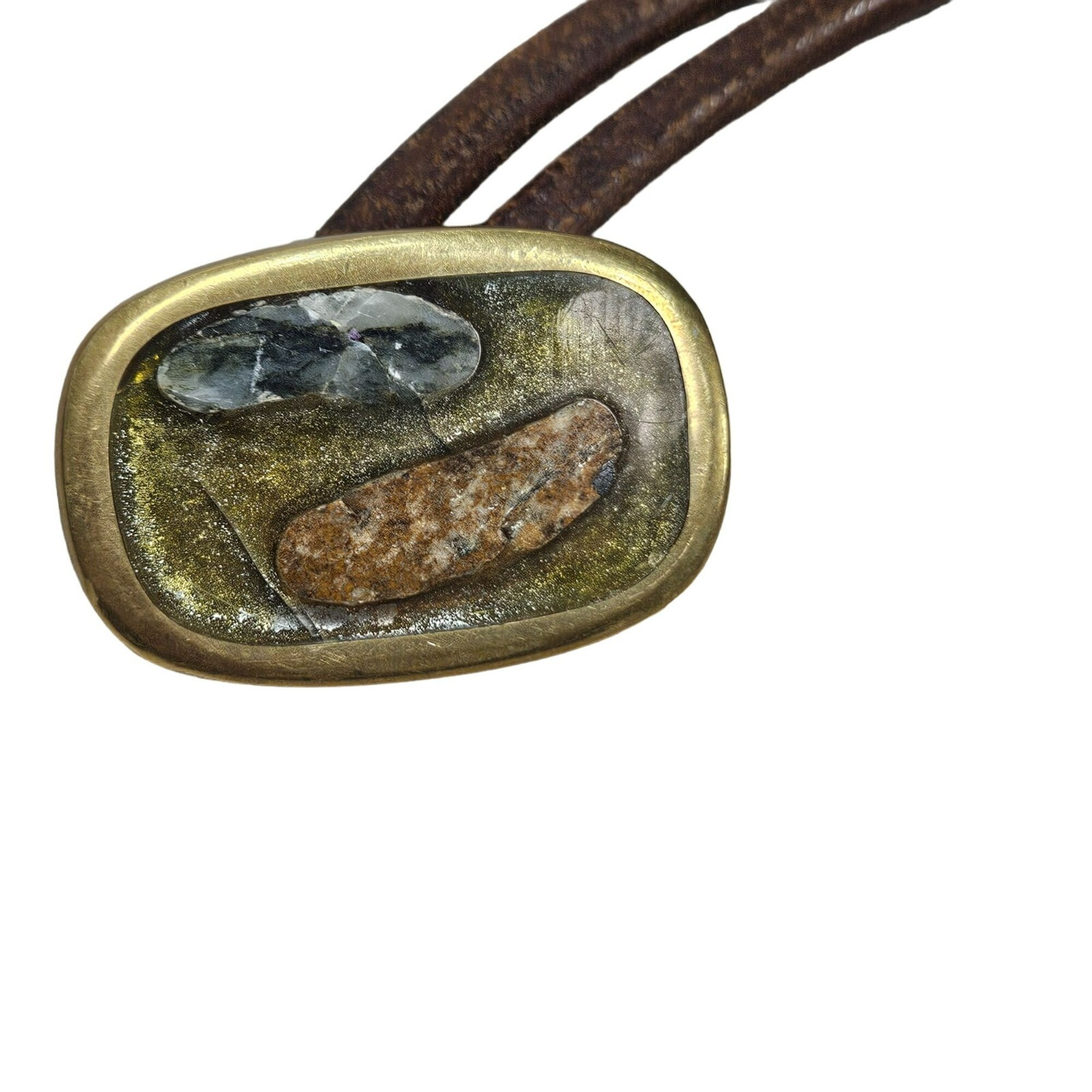Brass Inlay Buckle Double-Layer Leather Belt Stone Accents Possibly Homemade