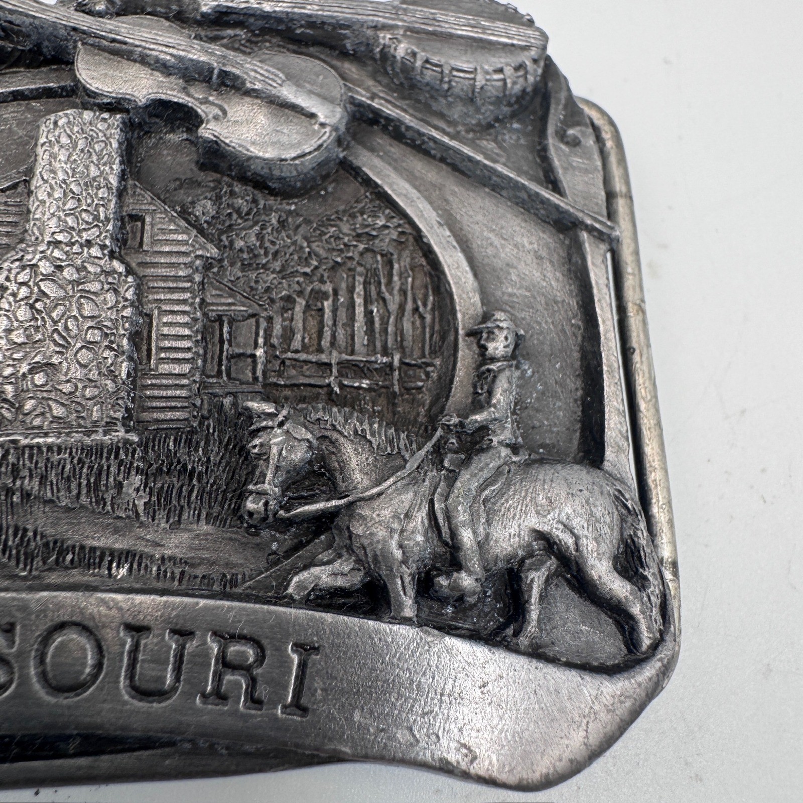 Vintage Missouri State Belt Buckle Pioneer Log Cabin Fiddle Banjo Pewter Tone
