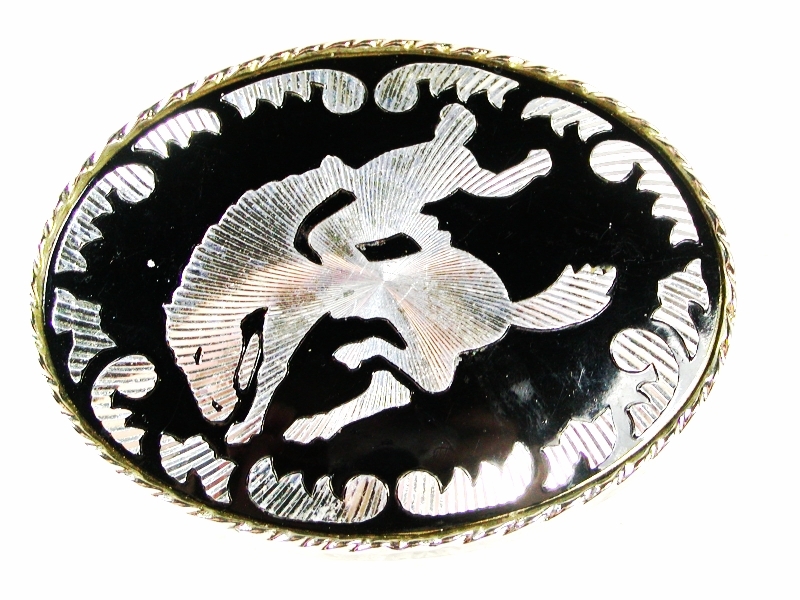 Cowboy Black Silvertone Broncho Busting Belt Buckle By W U.S.A. 32116