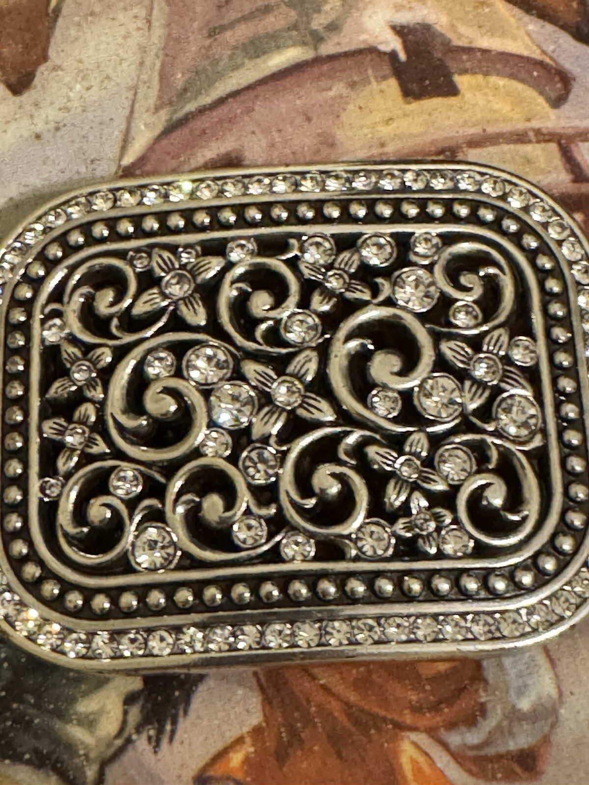 Rhinestone Belt Buckle Rectangle Floral Silver Bling Filigree Accents