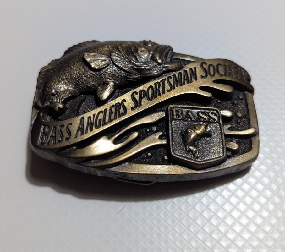 Bass Anglers Sportsman Society Brass Belt Buckle Antique Brass Color 1980s