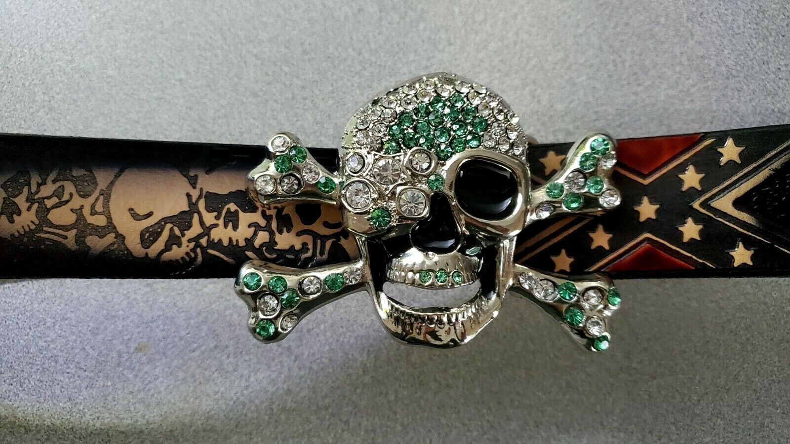 VINTAGE SCULL HIP HOP METAL RHINESTONES BUCKLE & Genuine Leather SCULL Belt