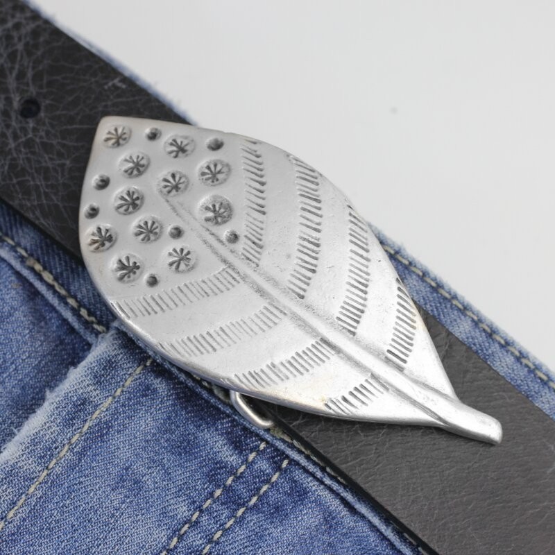 Feather belt buckle, peacock feather removable buckle dark silver-old silver