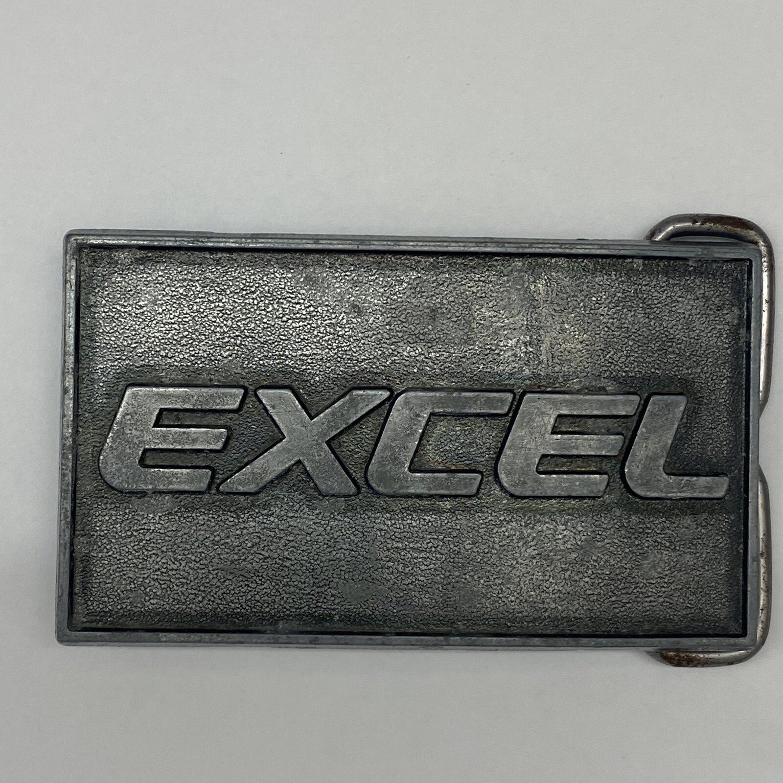 Excel Belt Buckle Metal Pewter tone Raised Lettering Made in USA Vintage