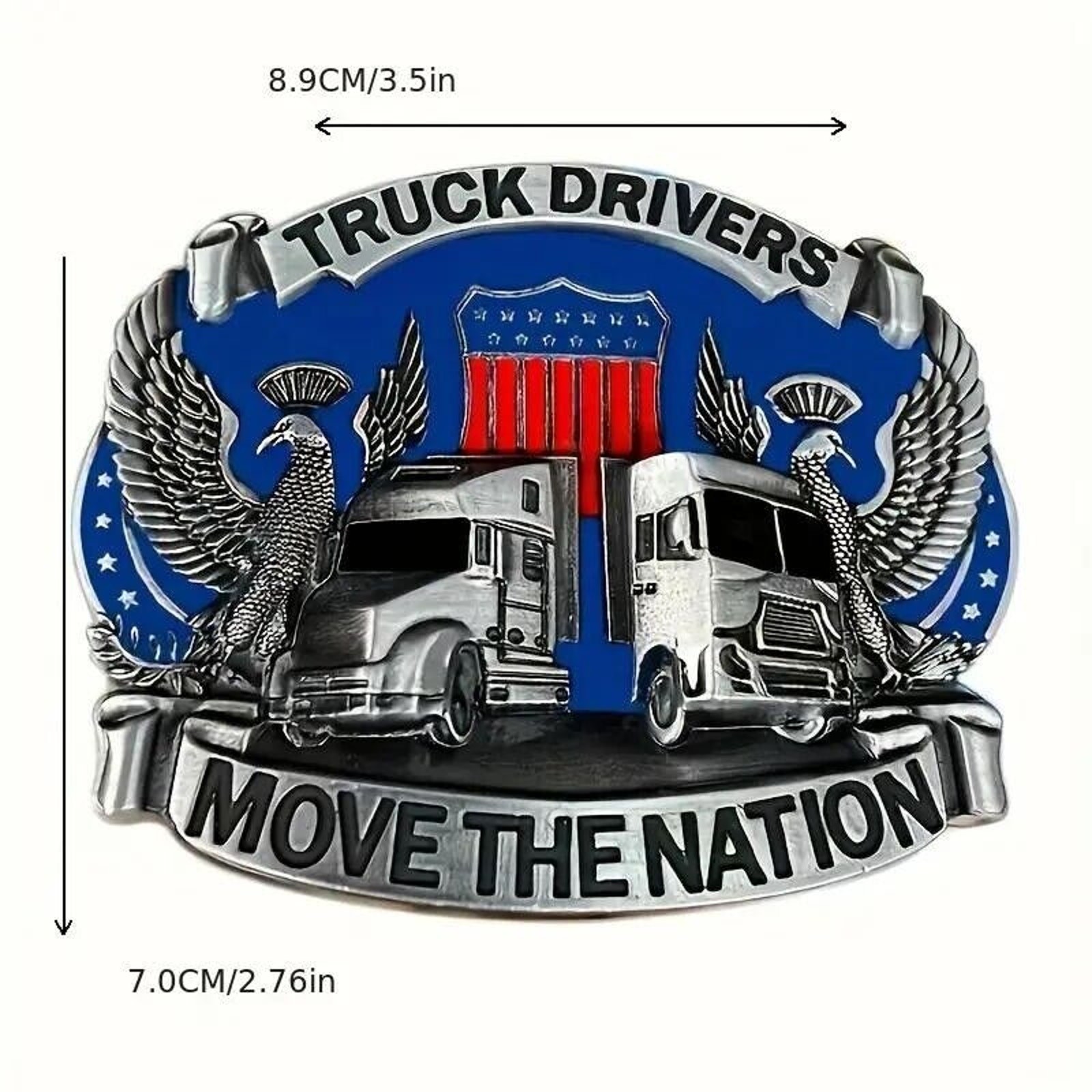‘Truckers Move The Nation’ • Double Eagle Western 3D Belt Buckle • Blue Enamel