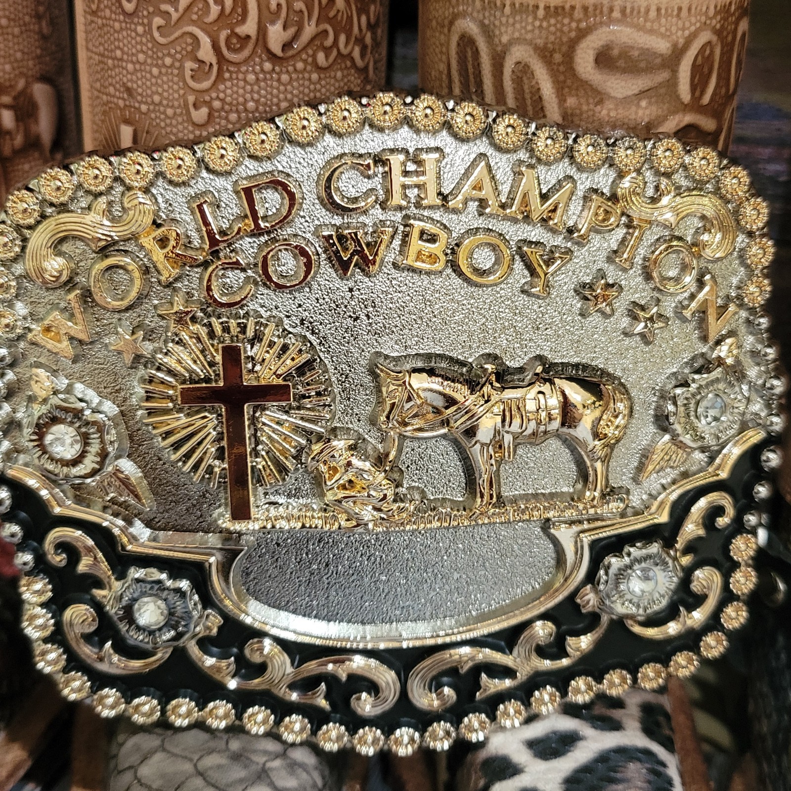 Praying Cowboy Champion Belt Buckle Western Hebilla Rodeo Silver & Rosetone