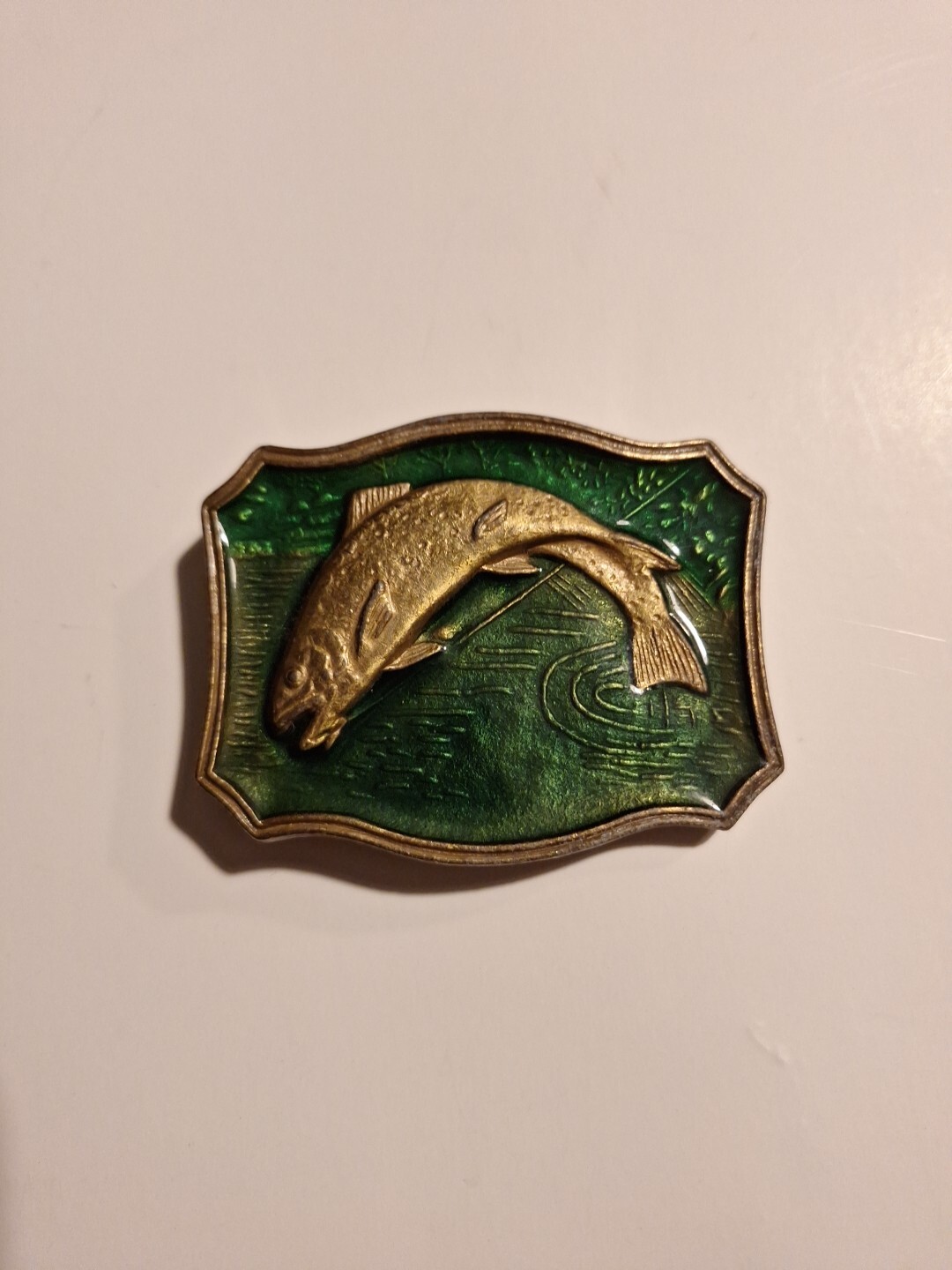 Vintage Enameled Metal Fishing Trout Belt Buckle Green