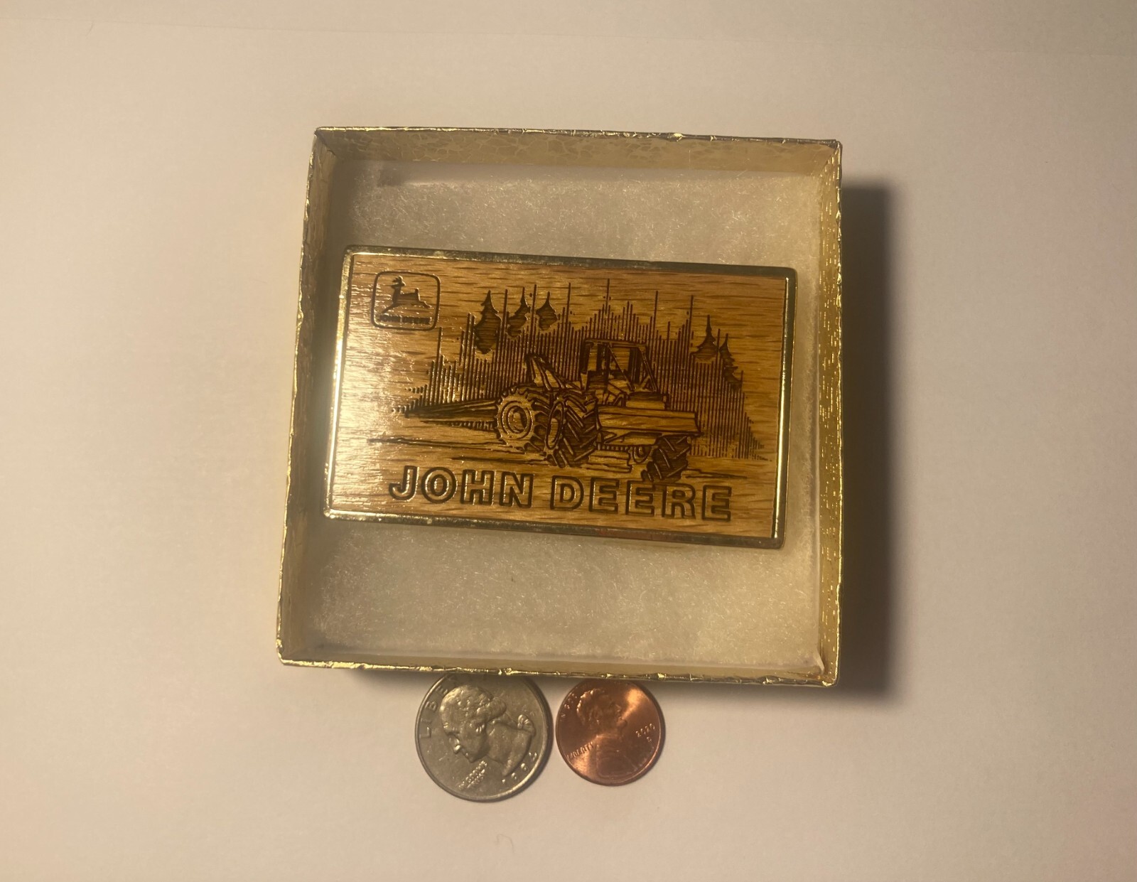 Vintage 1985 Metal Belt Buckle, Brass and Wood, John Deere, Tractor, Farming, Fa