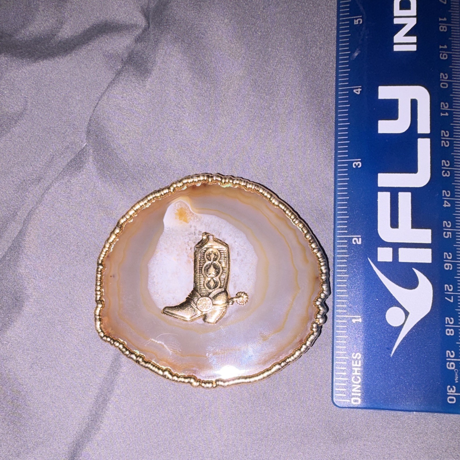 Vintage Agate Slice Belt Buckle Gold Tone Cowboy Western Boot Spur Geode Rock