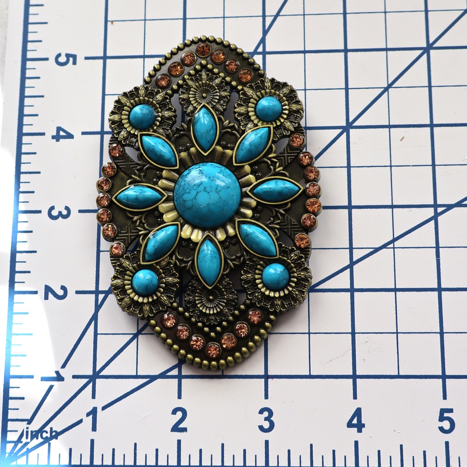Large Oval Belt Buckle Black w Faux Turquoise Unisex 4”