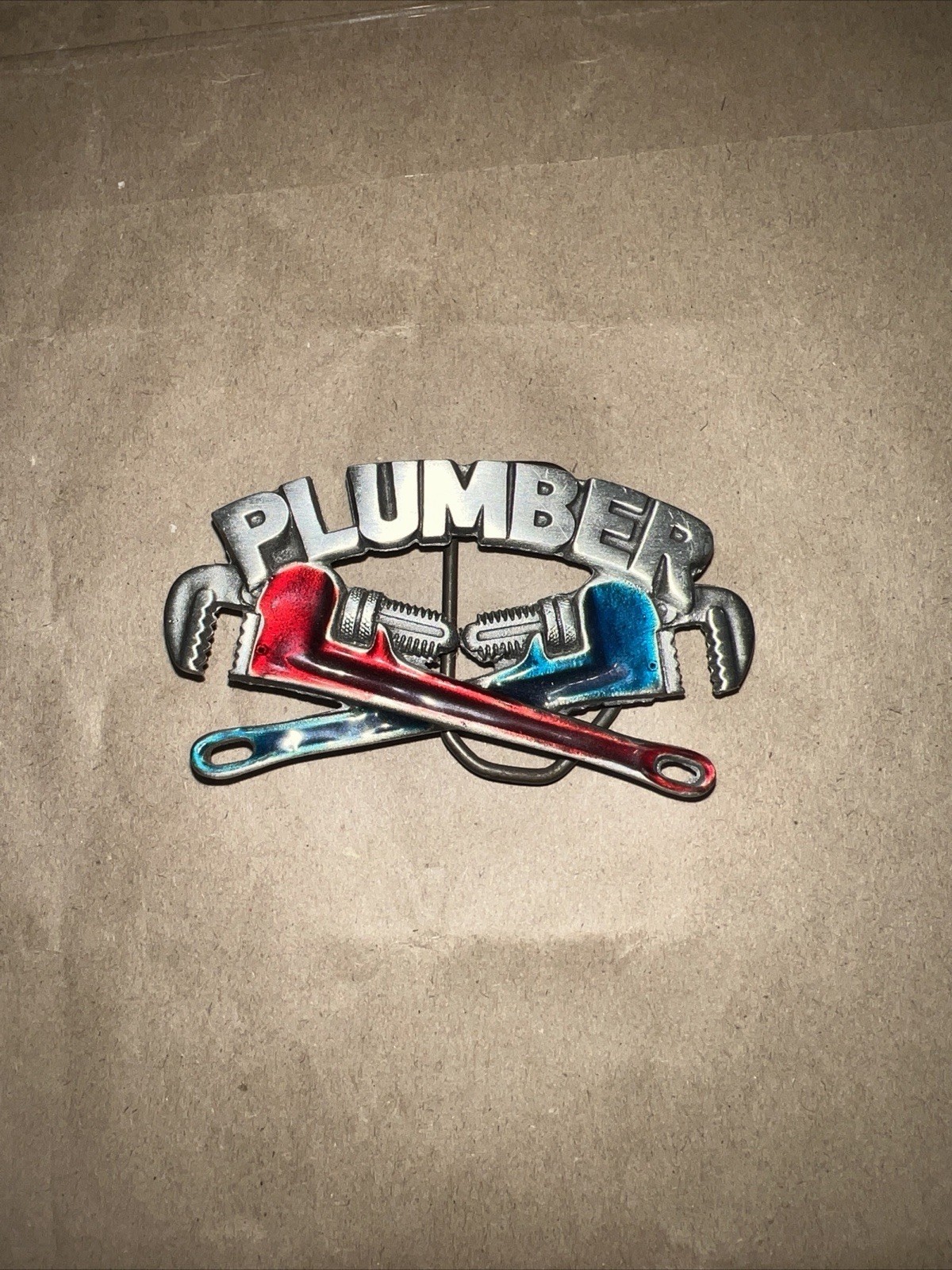 Plumber Metal Belt Buckle Red Blue Antique Finish Vintage Occupational 1967