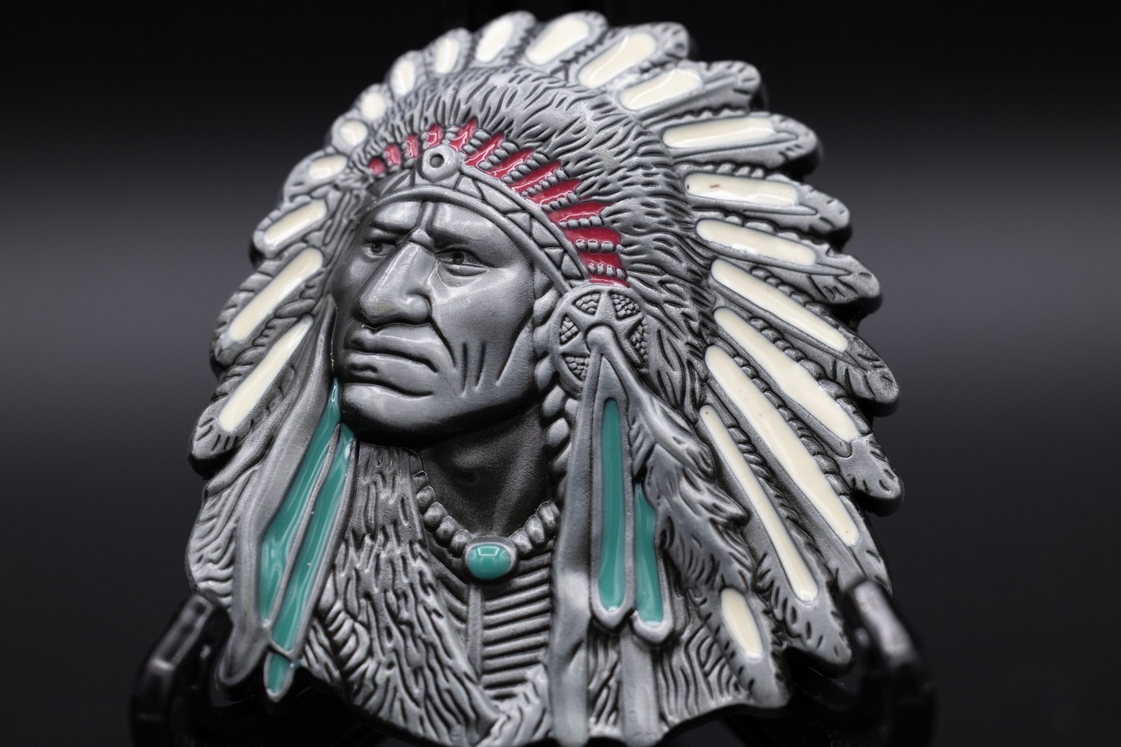 Indian Chief Head Belt Buckle Silver Finish Red White & Turquoise Accen