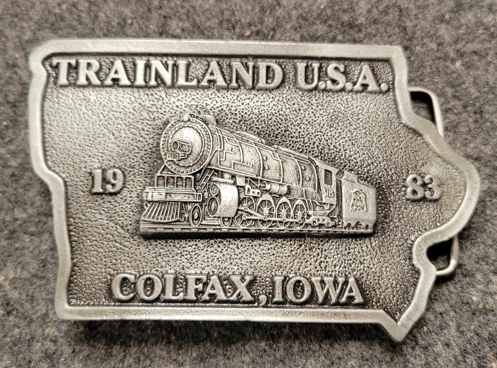 Trainland U.S.A Colfax, Iowa 1983 Pewter Belt Buckle. 4&Prime; x 2.5&Prime;