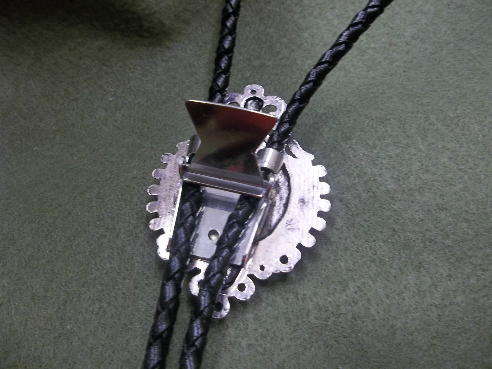 handcrafted Bolo tie leather braided cord large Si Fi Woman mounted cab
