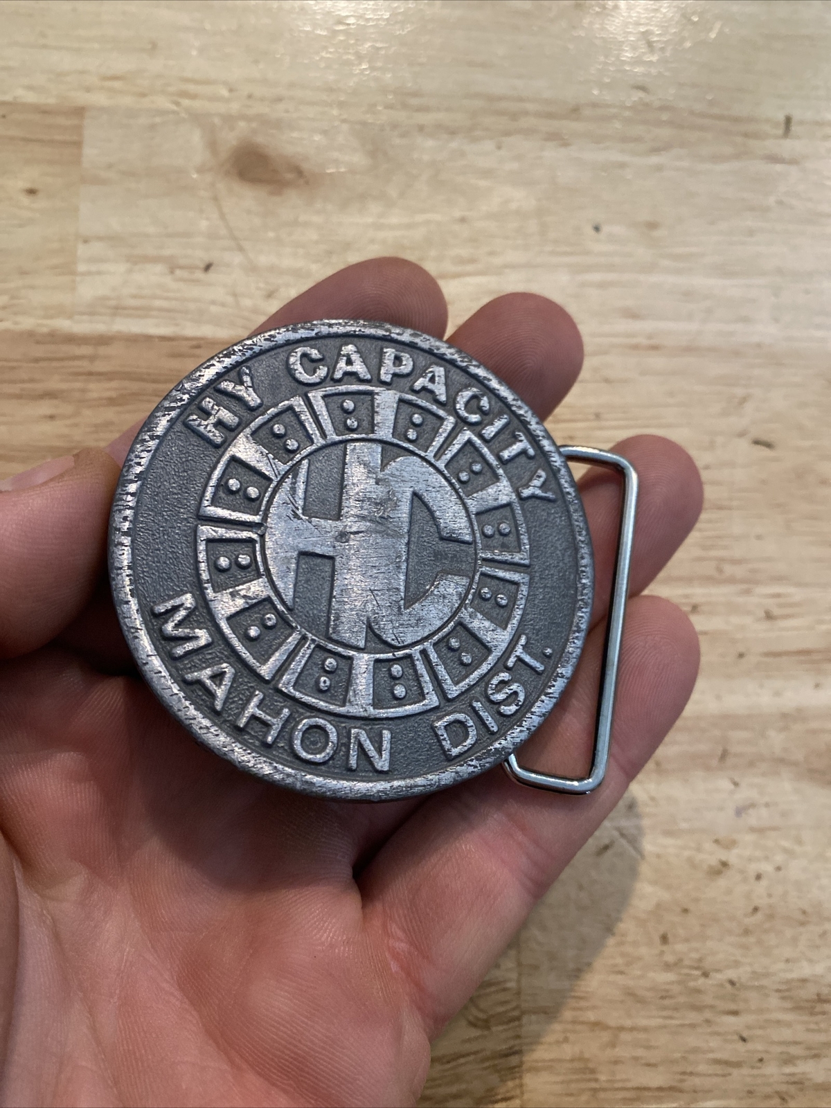 HY Capacity Belt Buckle Collector SOLID METAL Man Cave Patina Mahon Dist. BROKEN